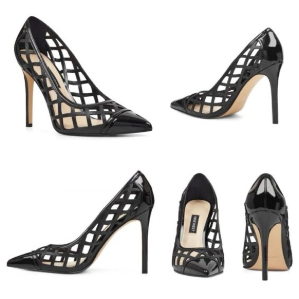 EUC. 8. Nine West “Tatum” Black Patent web-mesh pointed-Toe Pumps